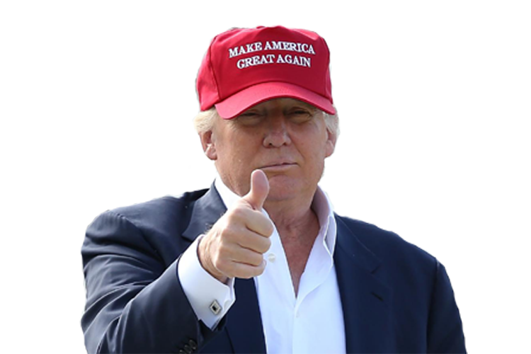Donald Trump wearing a Make America Great Again hat giving a thumbs up